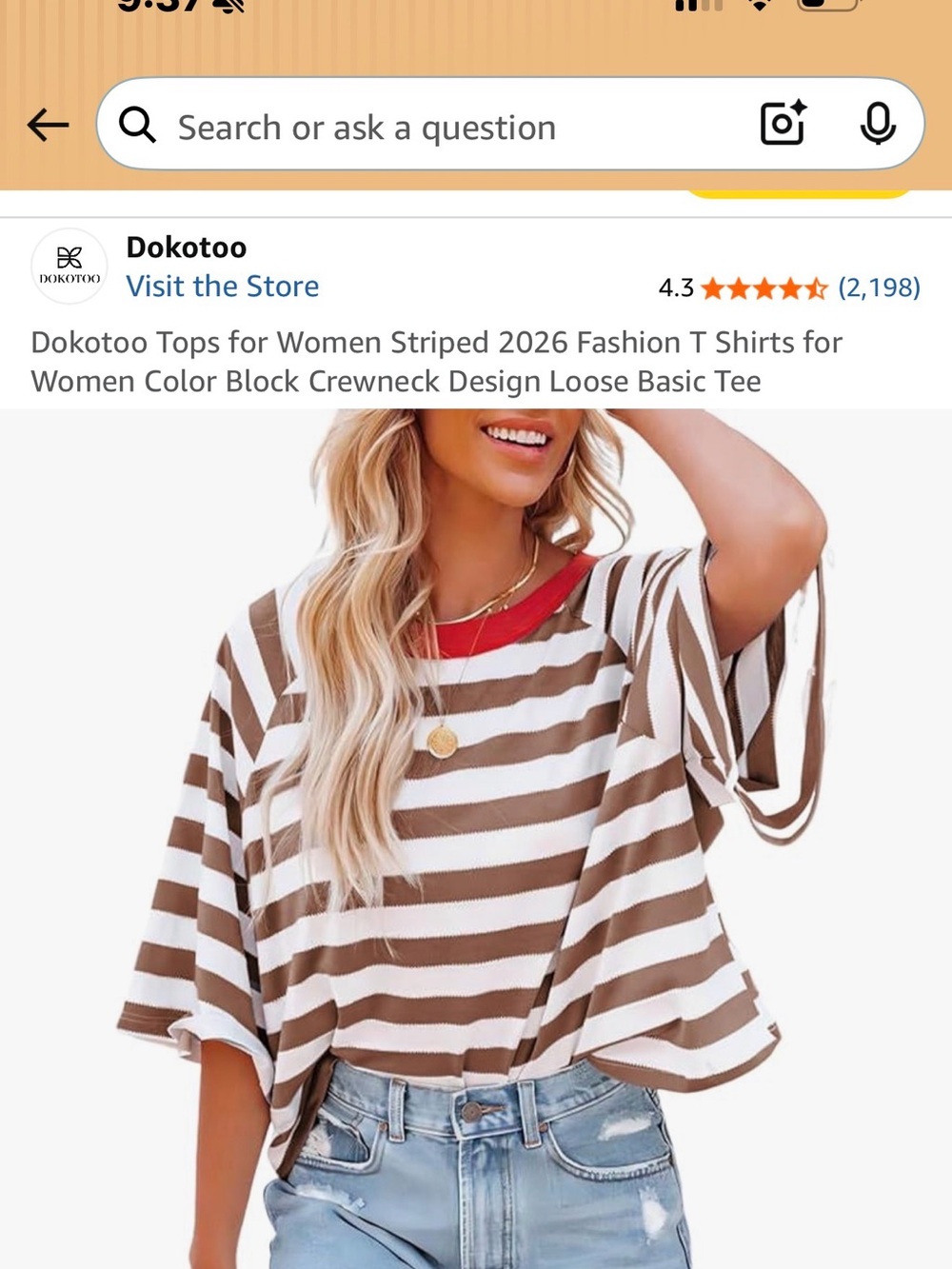 Women's Brown & White Striped Short Sleeve Top with Red Trim - Picture 3 of 4